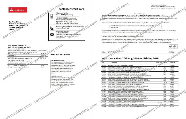 Spain Santander credit card statement template, Word and PDF format (.doc and .pdf), 2 pages